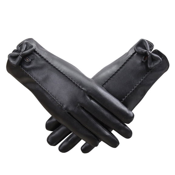 Ladies Leather Gloves In Autumn And Winter Plus Velvet Padded Warm Cycling Driving Butterfly Thin Touch Screen Black L