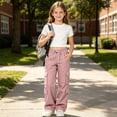 thumbnail image 5 of LRen Girls Sweatpants Kids Cargo Pants Preppy Wide Leg Baggy Sweat Pants Teen Joggers Casual Preppy Back To School Trousers with Pockets 5-14 Years, 5 of 8