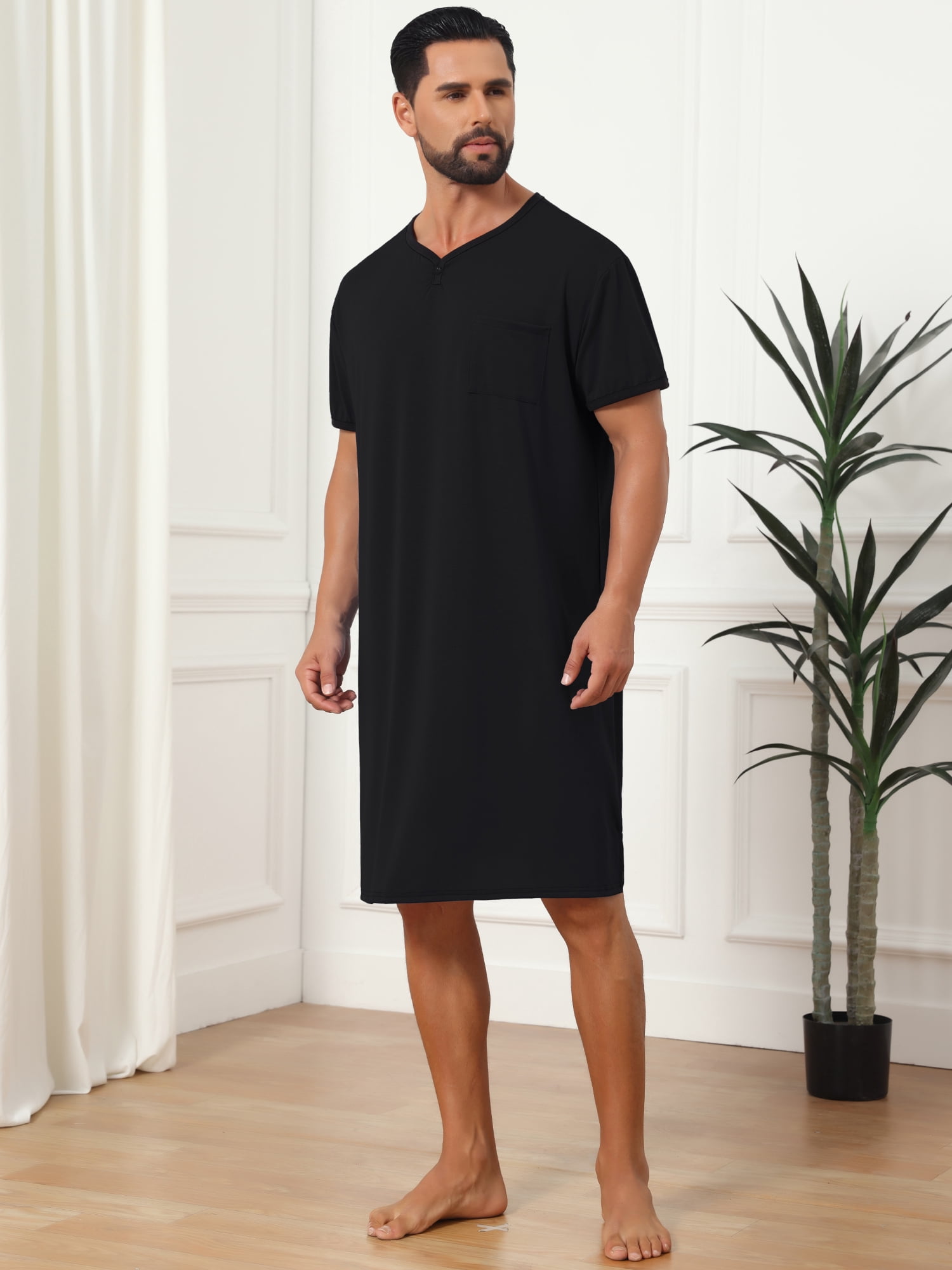 DARING DIVA Men's V-Neck Colorblock Trim Short Sleeve Chest Pocket Pajama M Black