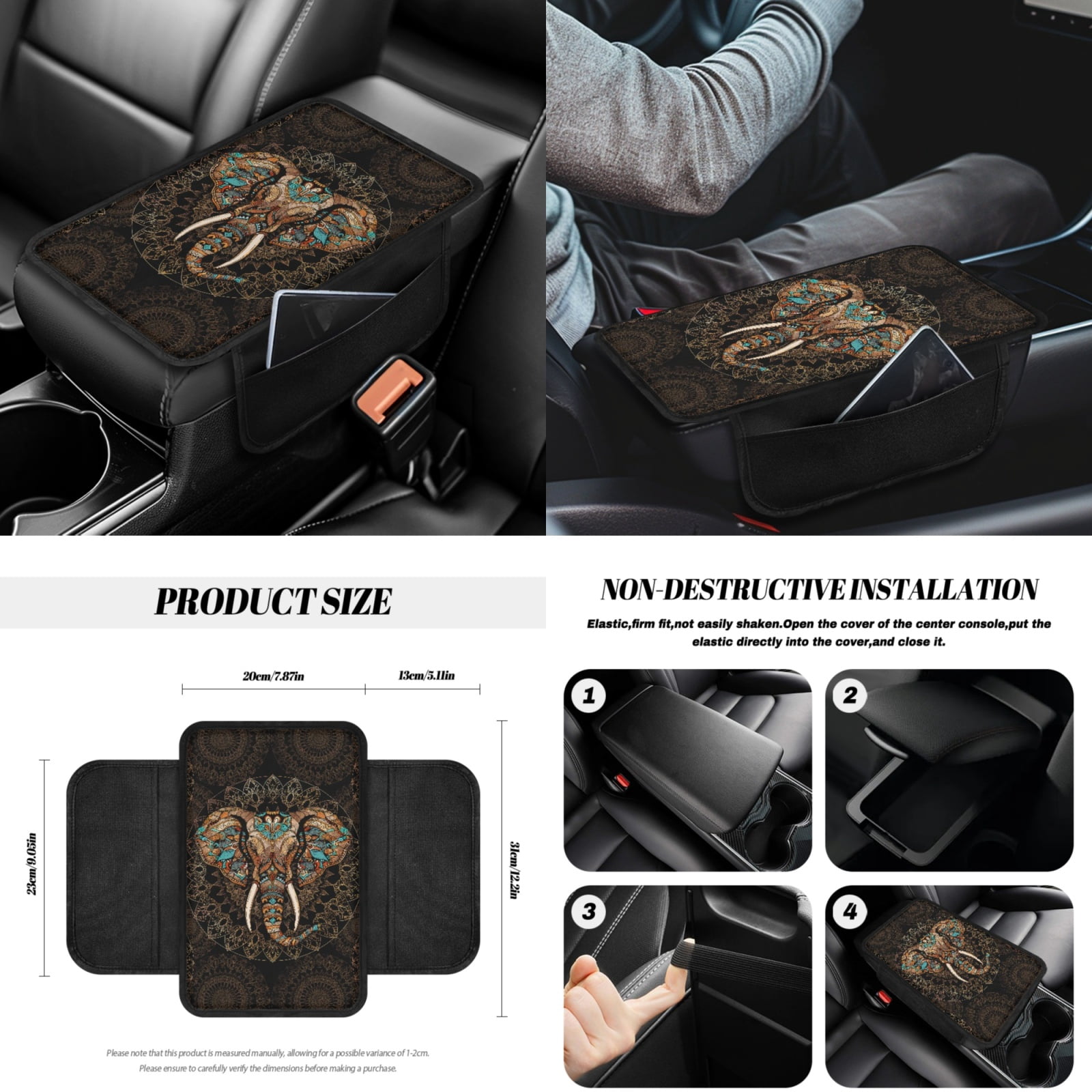 Yuyamidu 14 PCS Boho Car Seat Cover Elephant Steering Wheel Cover Seatbelt Strap Pad Trash Can Auto Armrest Cover Cushion Cup Coasters Rearview Mirror Cover Handbrake Cover Set