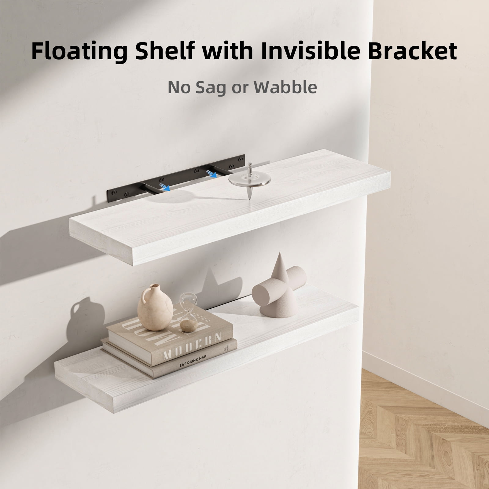 23.5 in Solid Wood Floating Shelves Wall Mounted Shelves, White Wash Color, Set of 2