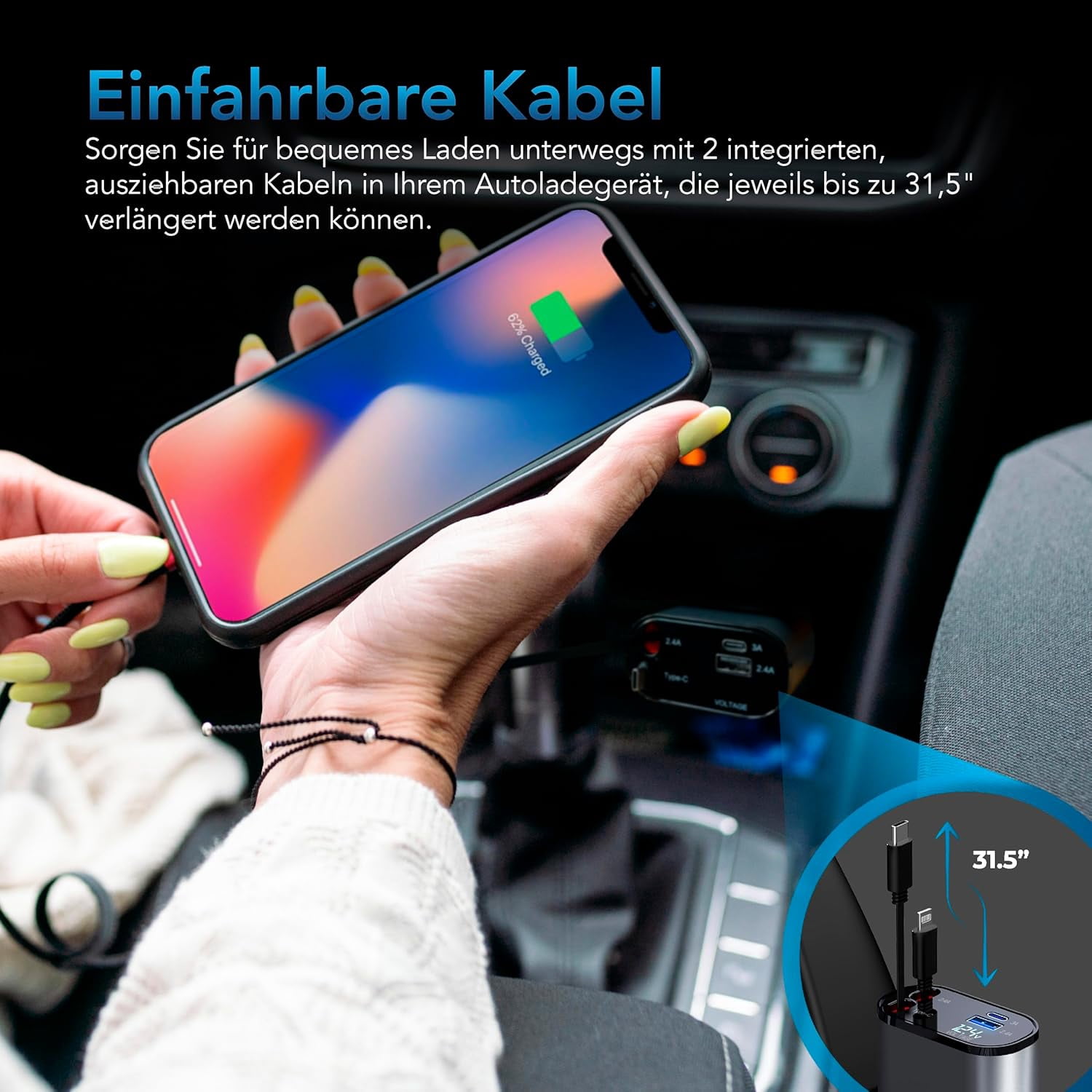 RGHJAR-4-in-1 Retractable Fast Charger, for Cars: 100W Car USB-C & iPhone Cable, USB-C/A Ports - Compatible with iPhone, Galaxy, Pixel and More.