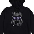thumbnail image 5 of Coraline Twitchy Witchy Girl Text with Iridescent Black Sequins and Chenille Embroidery on Black Cat hoodie Adult-Large, 5 of 5