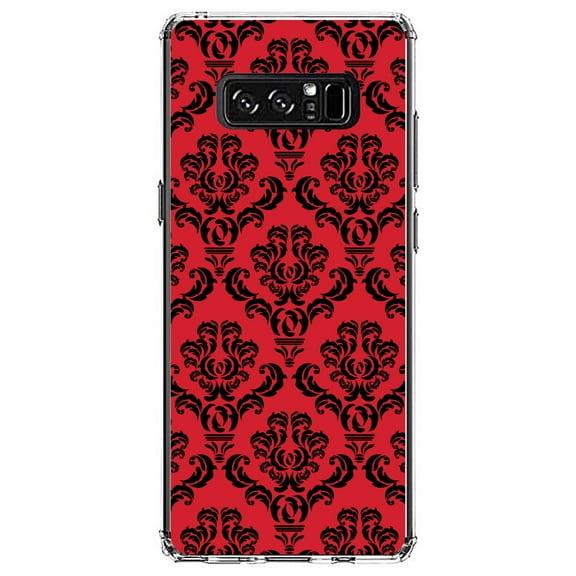 DistinctInk Clear Shockproof Hybrid Case for Samsung Galaxy Note 8 - TPU Bumper, Acrylic Back, Tempered Glass Screen Protector - Red Black Damask Pattern - Floral Damask Pattern