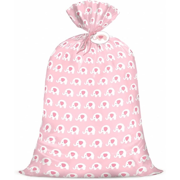 WRAPAHOLIC 56" Large Baby Girl Plastic Gift Bag - Pink Elephant Design for Baby Shower, Kids Birthdays, Parties, Celebrating, or Any Occasion - 56"H x 36"W