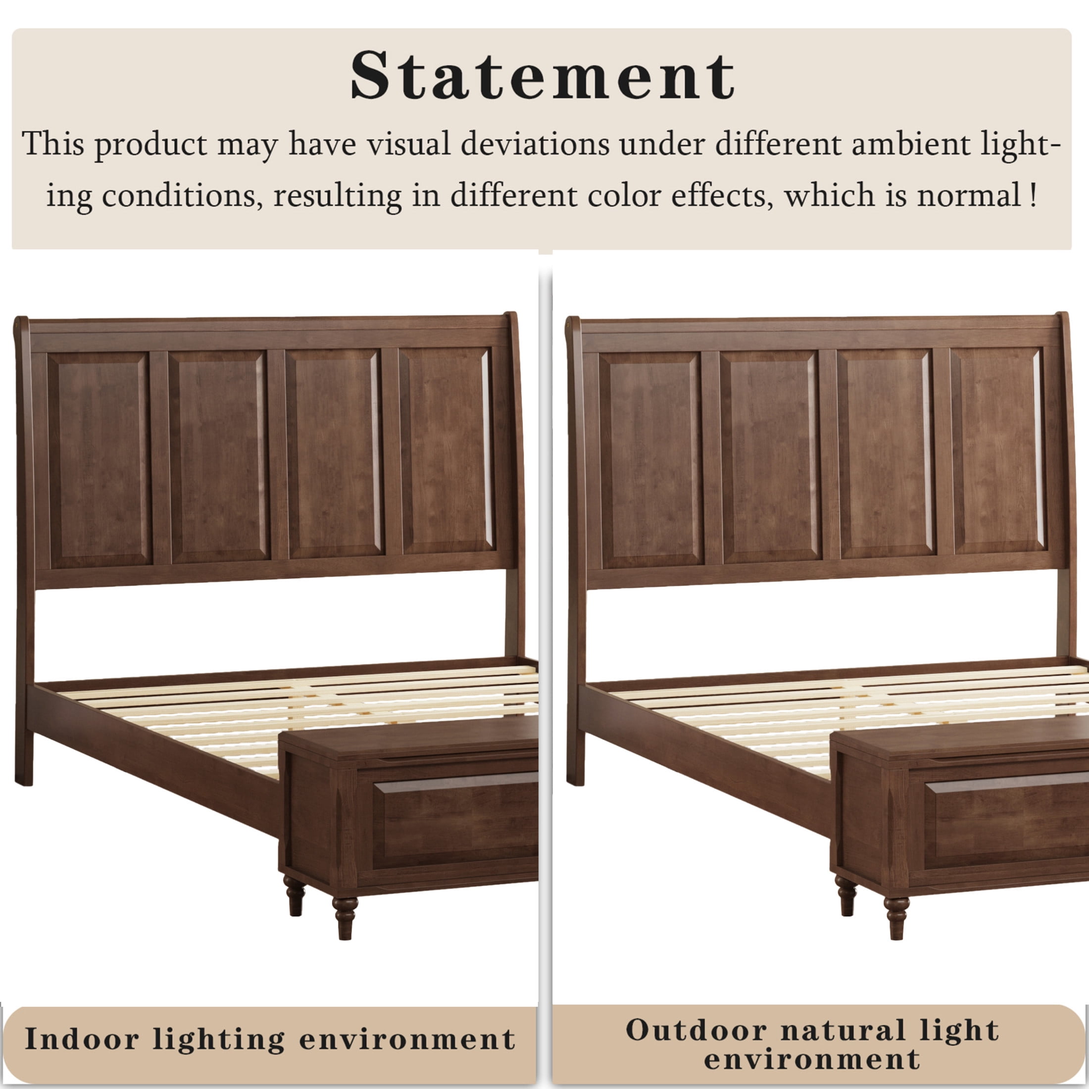 GDF Studio Queen Size Solid Wood Sleigh Bed with Tall Headboard and Storage Bench, Walnut