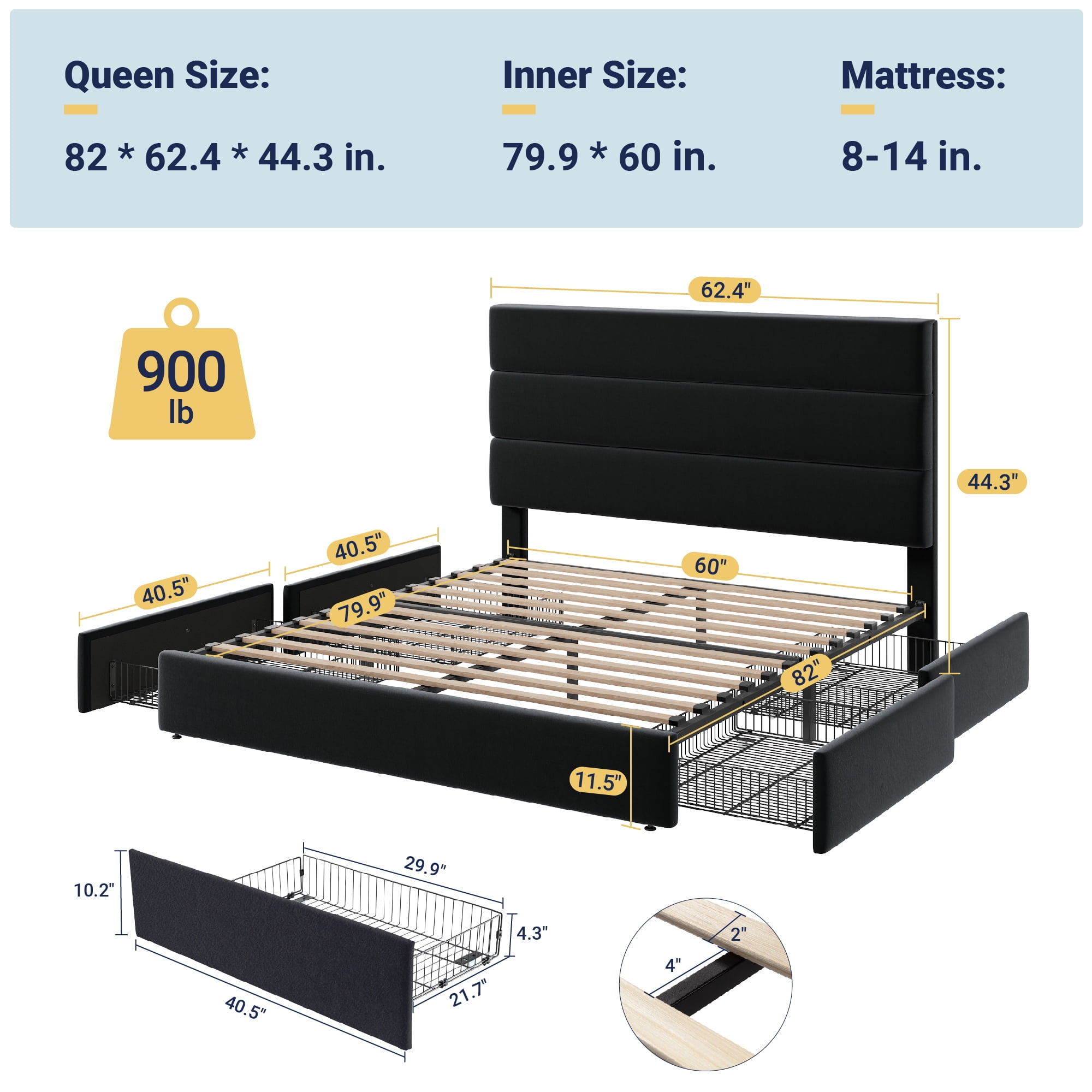 Allewie Modern Queen Size Platform Bed Frame with 4 Storage Drawers and Velvet Upholstered Headboard, Wooden Slats Support, Black