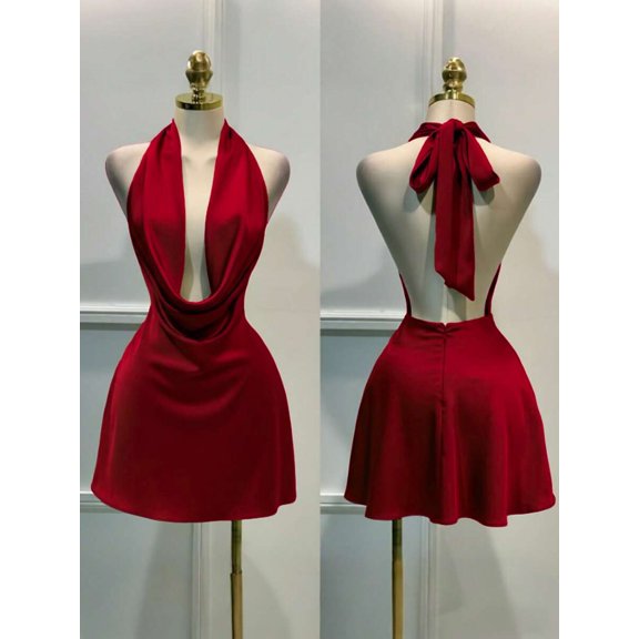 Burgundy Solid Plunging Cowl Neck Halter Tie-Back Mini Dress Summer Elegant