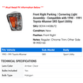 thumbnail image 2 of Front Right Parking / Cornering Light Assembly - Compatible with 1990 - 1991 Toyota 4Runner SR5 Sport Utility, 2 of 2