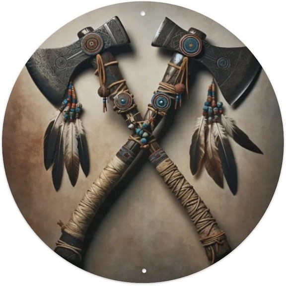 Native American-War Axe & Feather Tin Sign Vintage Round Metal Sign Indoor/Outdoor Wall Decor Metal Poster 8x8 Inch