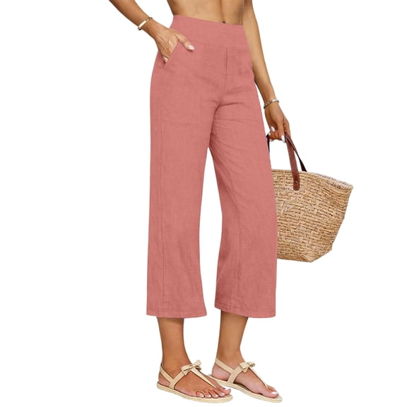 TaTaai Womens Cropped Pants High Waisted Straight Leg Side Pocket Solid Soft Breathable Casual Linen Trousers for Spring Summer Gift