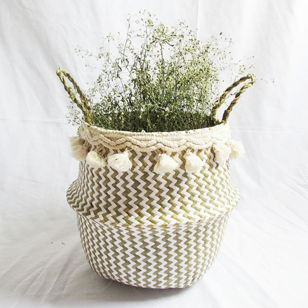 Foldable Seagrass Woven Basket Flower Planter Pot Laundry Storage Box Handmade^ 