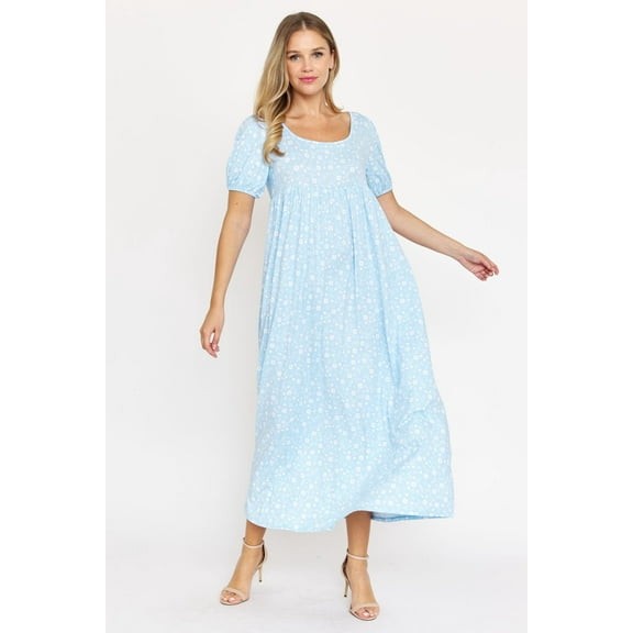 Blue Ditsy Floral Puff Sleeve Empire Waist Maxi Dress