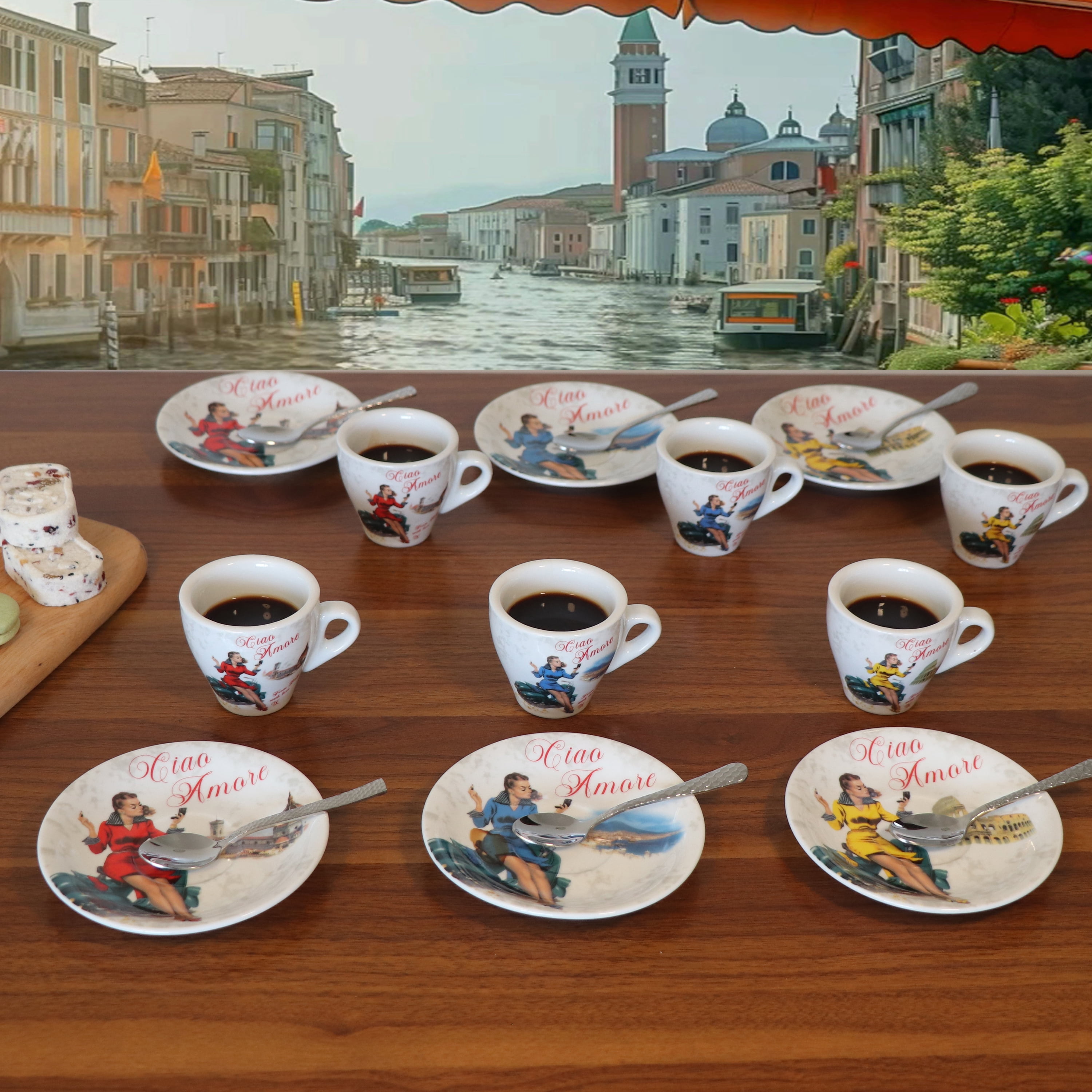 Lorren Home Espresso 3-ounce Ciao Amore Vespa Woman Red, Blue, Yellow Porcelain Cup & Saucer Set of 6