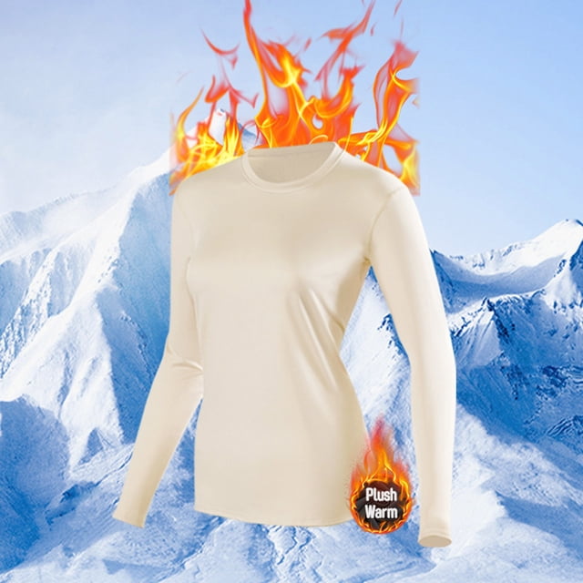 Ropa interior térmica para mujer, blusa lisa de poliéster con cuello redondo, manga larga y ajustada.
