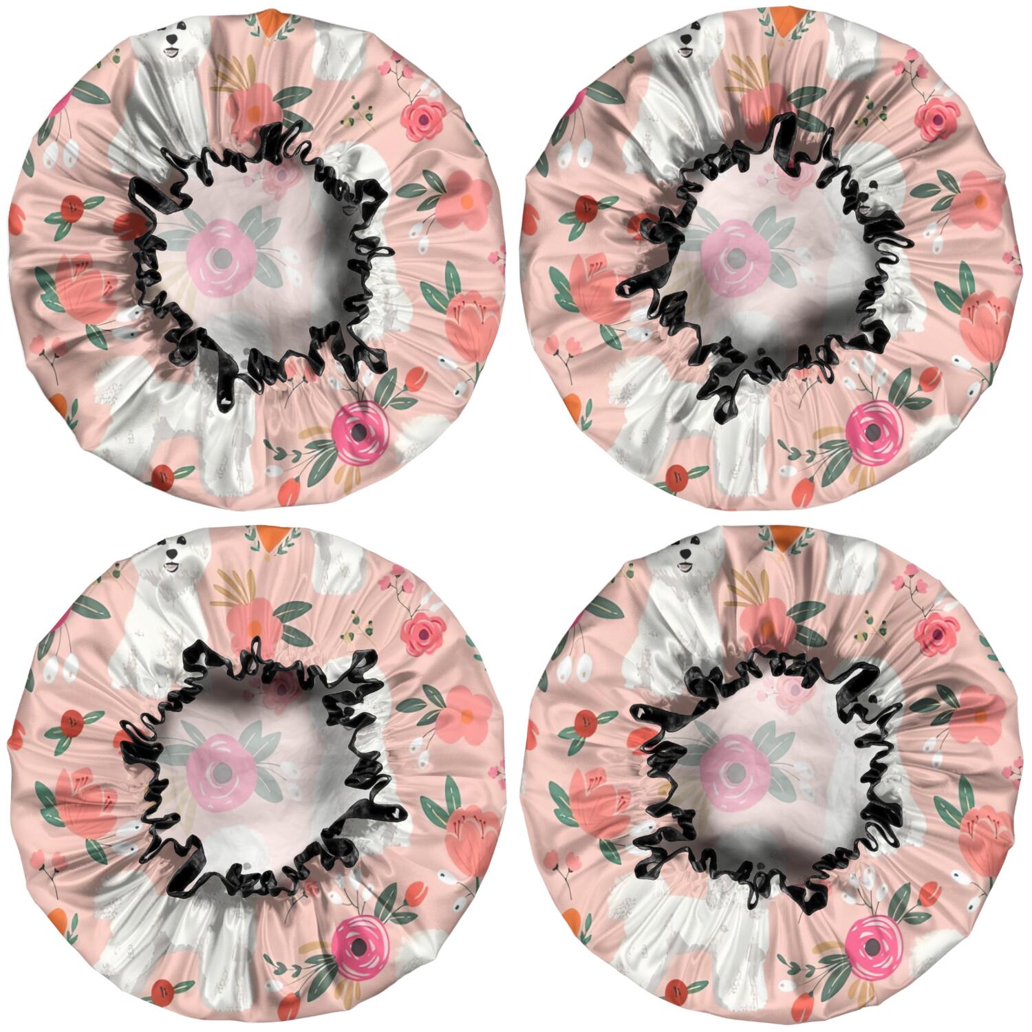 Shower Caps,Pink Bichon Frise and Flower Waterproof Shower Cap for Women 4 Pieces,Double Reusable Hair Cover for Shower PEVA Elastic Stretch Hem