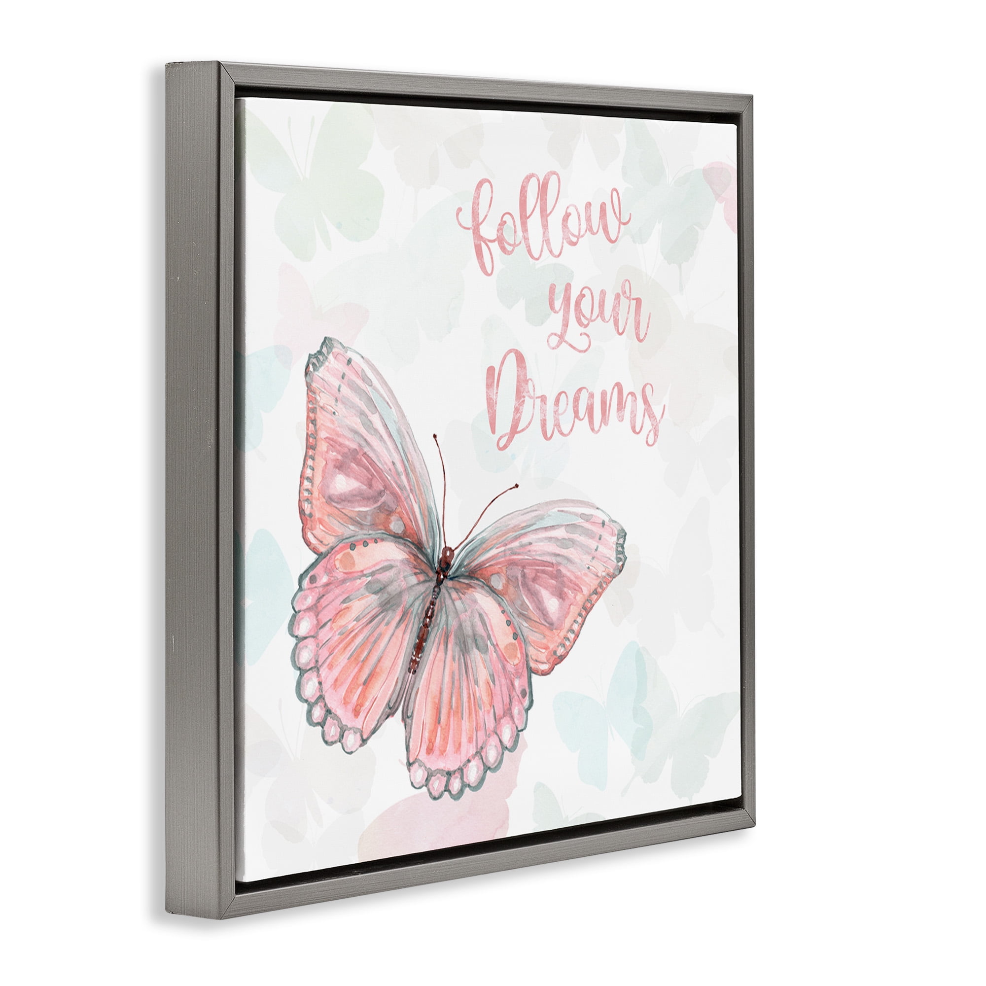 Stupell Industries Follow Your Dreams Pink Butterfly Animals & Insects Painting Gray Floater Framed Canvas Art Print Wall Art, 18 x 18