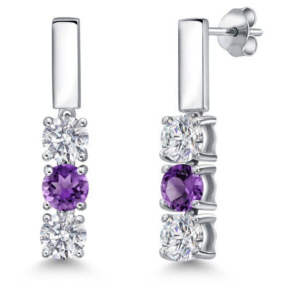 Gem Stone King 925 Sterling Silver White Lab Grown Diamond and Purple Amethyst Drop Dangle Earrings for Women | 1.48 Cttw | Gemstone April Birthstone | Round 5MM