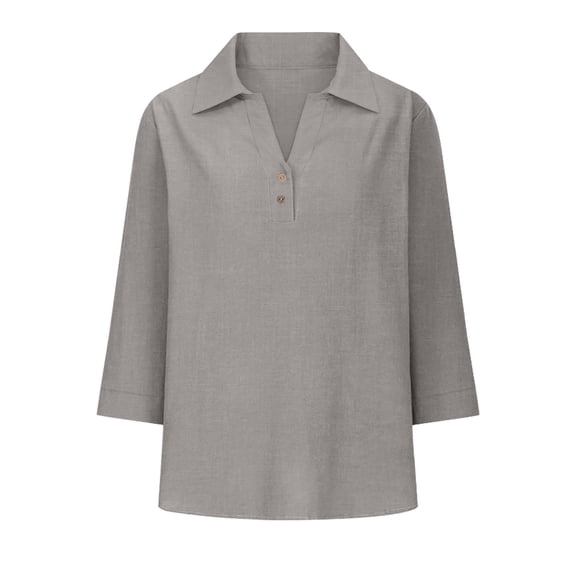 Lapel Down V Neck Cotton Linen Blouses for Women Dressy Casual Tops Summer 3/22 Sleeve Shirts Fashion Clothes Leisure Gray S