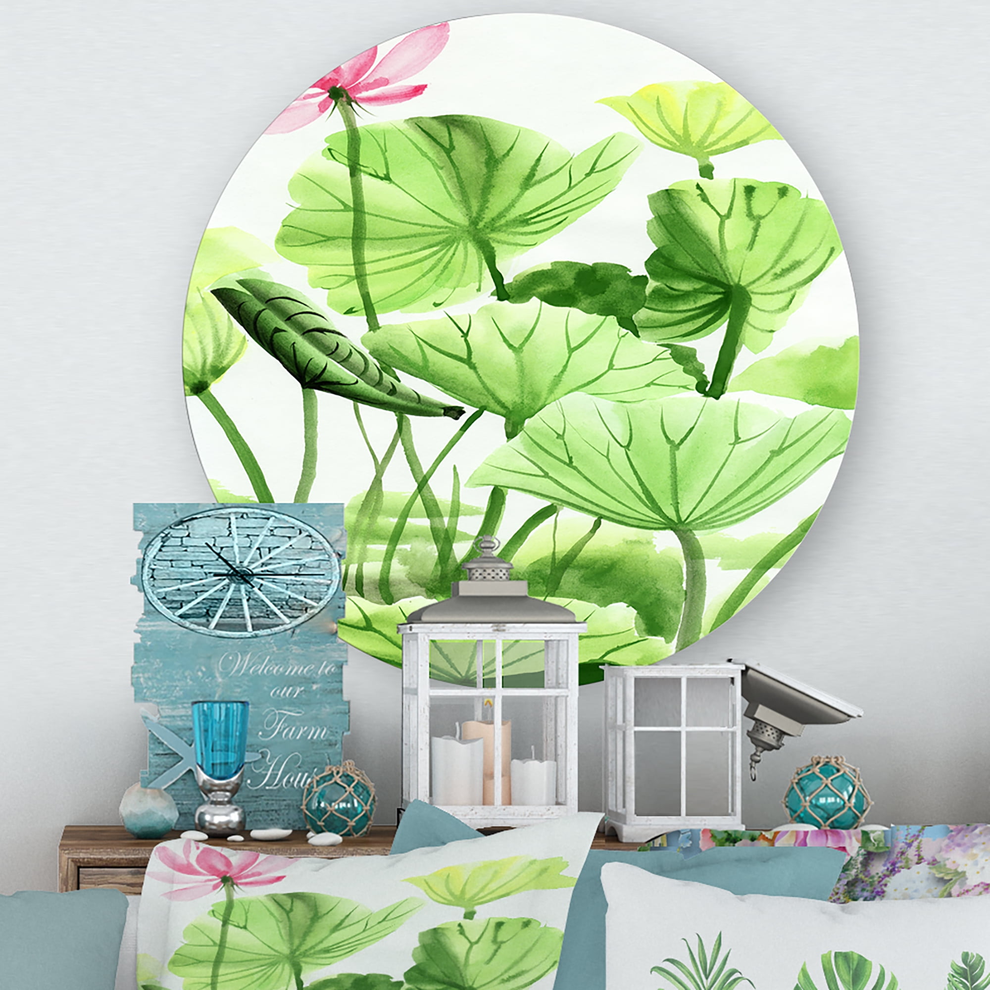Designart 'Ancient Lotus Leaves In The Pond' Traditional Circle Metal Wall Art 11x11 - Disc of 11