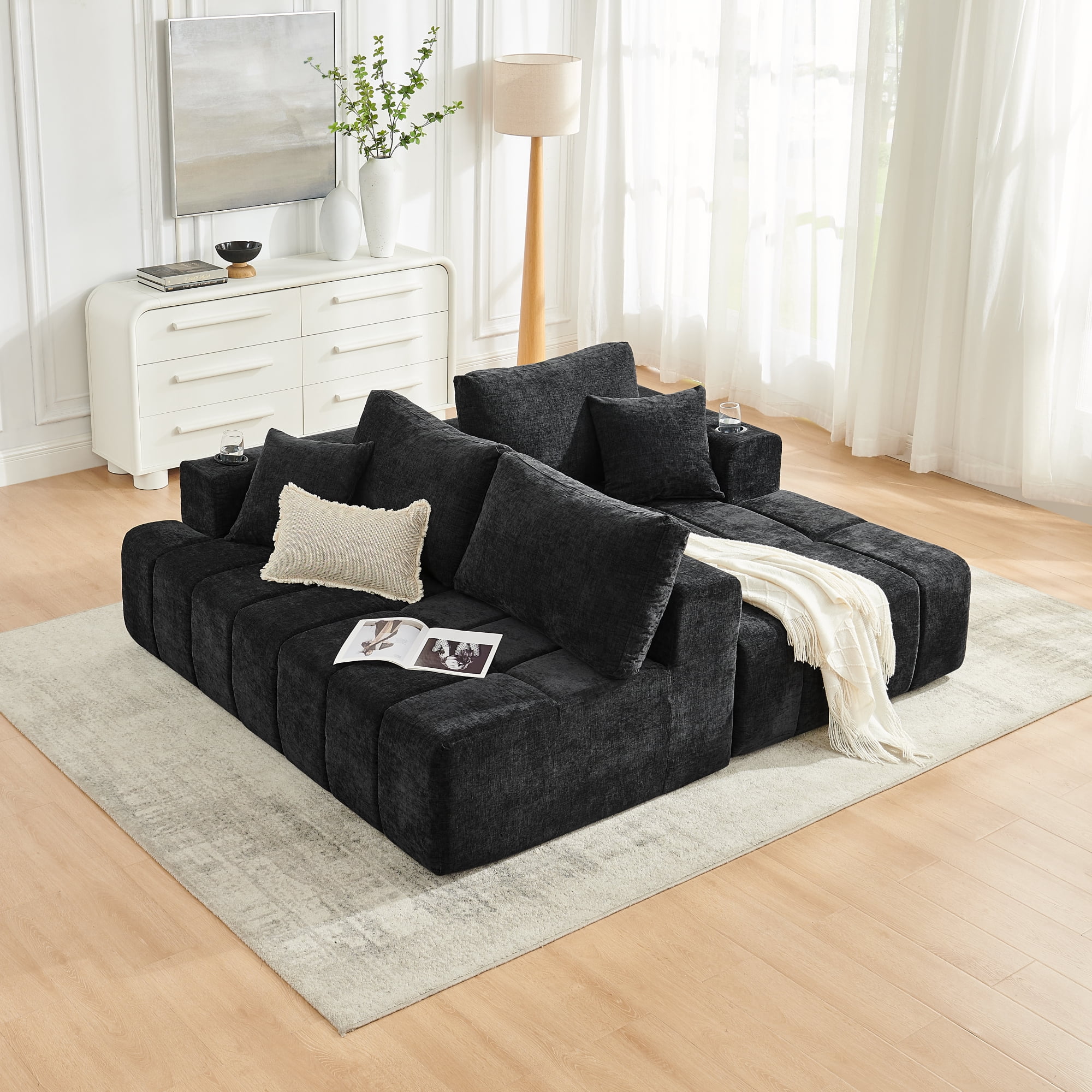 Leumius 108" L-Shaped Sectional Sofa,Chenille Boneless Couch, Modern 3-Seat Upholstered Cloud Couch Sectional with Deep Seat and Cup Holders for Living Room,No Assembly Required,Black