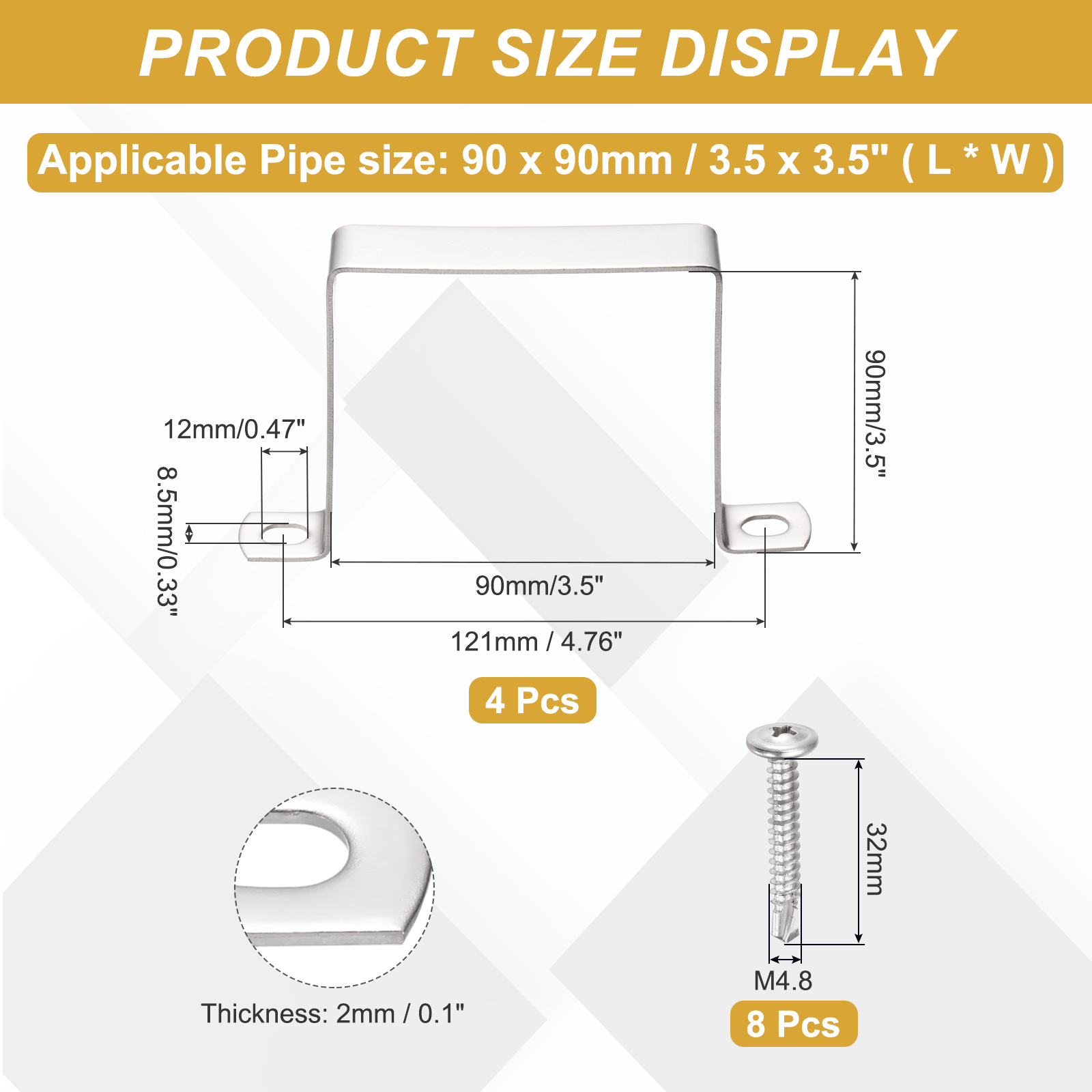 Uxcell 4Pcs U Shape Square Tube Clamp, 90x90mm U Shaped Bracket 304 Stainless Steel Square Strap Clamp with Phillips Head Self Drilling Screws for Pipes Door Closed Bar Holder Railings