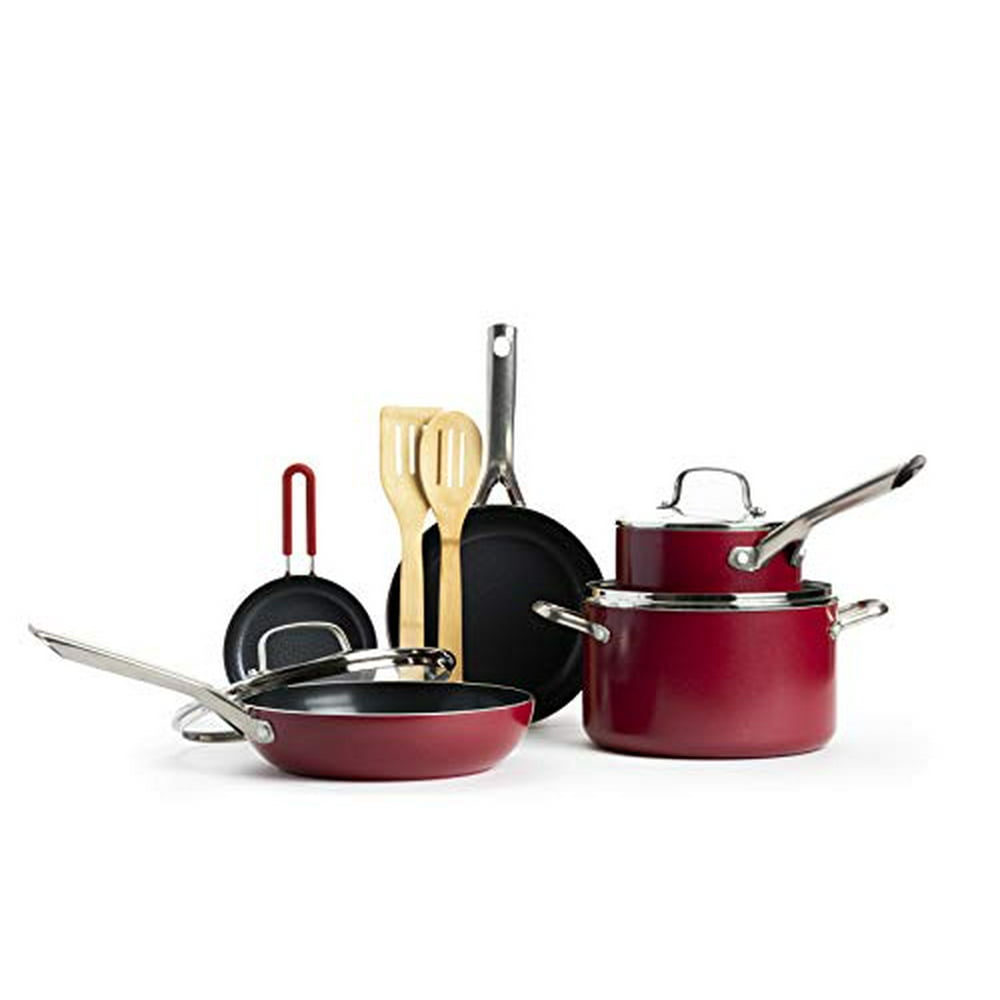 Red Volcano Textured Ceramic Nonstick Cookware Pots and Pans Set, 10