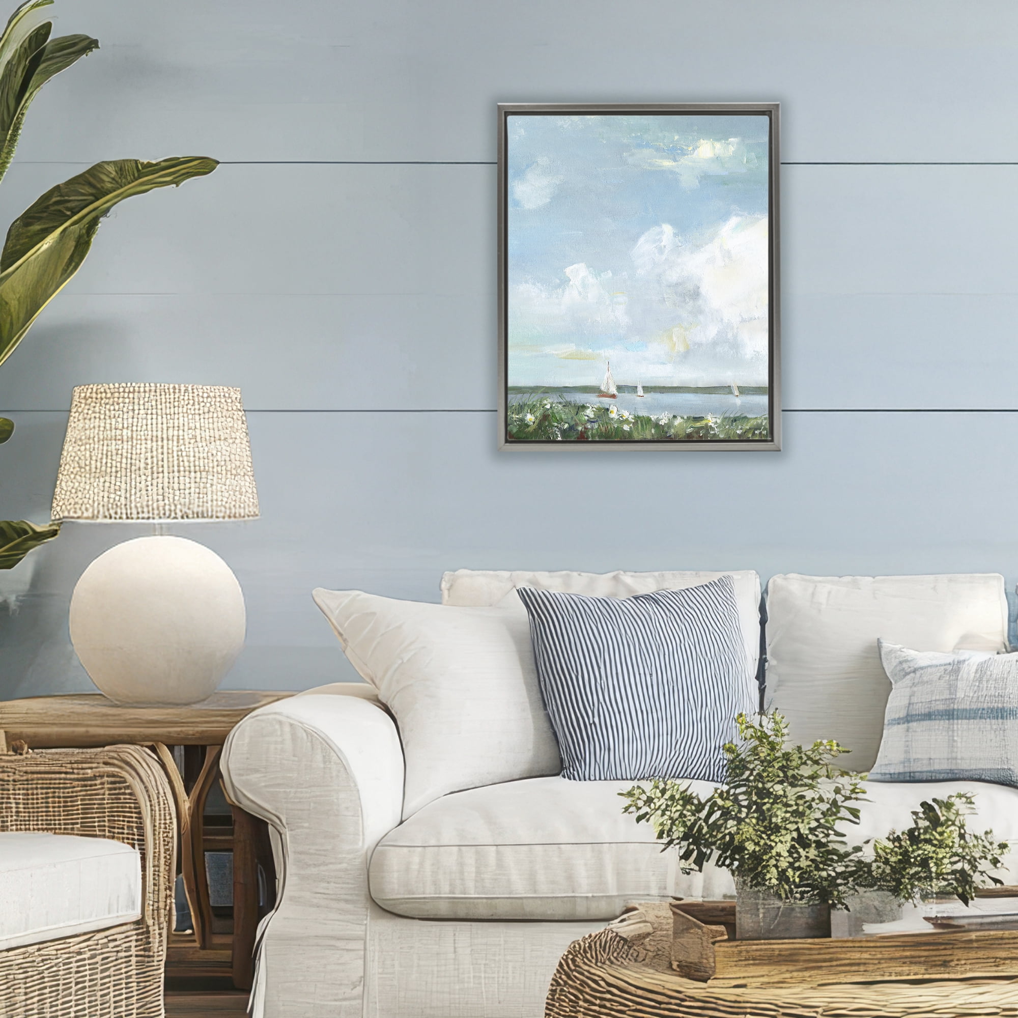 Stupell Industries Seaside Sailing Under Clouds Gray Framed Floater Canvas Wall Art, design by Sally Swatland