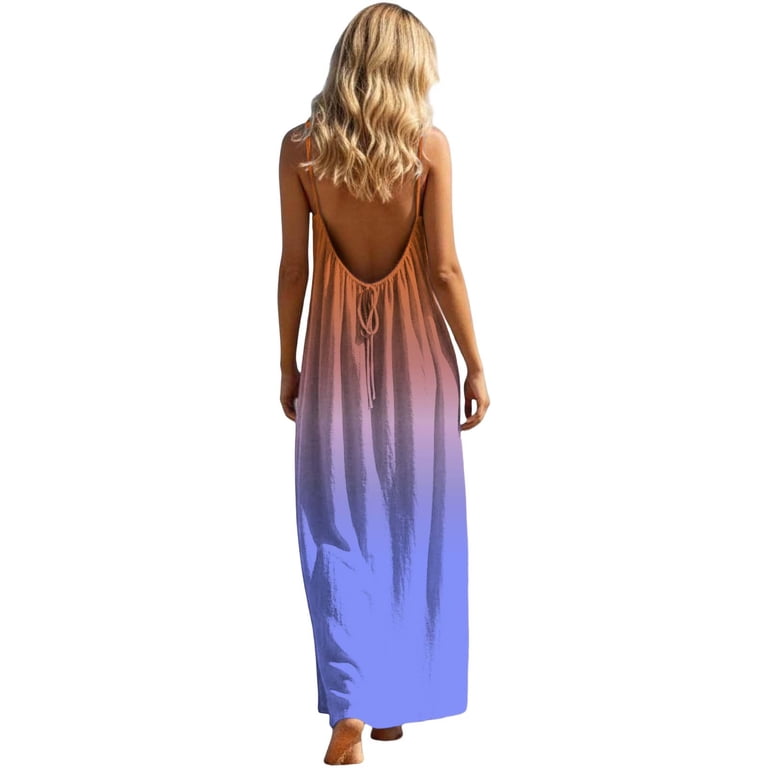 backless tie dye dress Uootdi Casual Dresses for Women Ombre Print Spaghetti Strap Back Maxi Summer Vacation Style Gift knitdresses