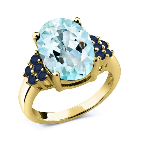 Gem Stone King 6.62 Ct Oval Sky Blue Topaz Blue Sapphire 18K Yellow Gold Plated Silver Ring (Size 9)