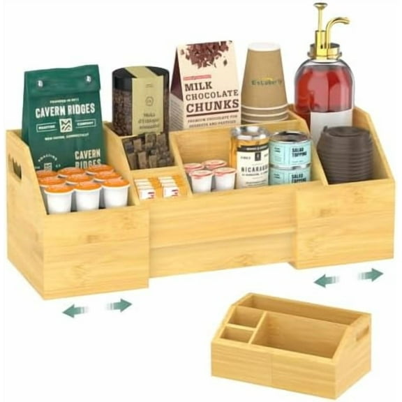 Coffee Station Organizer Countertop, Bamboo Extendable Coffee Bar Caddy Condiment Storage, Pods Holder for Home Office, Kitchen Area Nook for Accessories Organizer