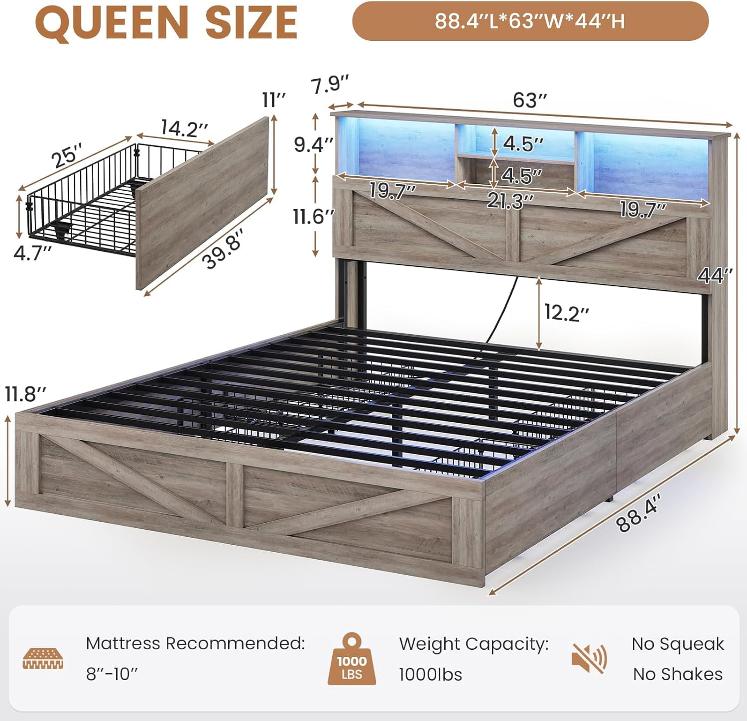 Queen Rustic Bed Frames With Storage Headboard Bookcase, Farmhouse Wooden Platform Panel Bed with 4 Drawers & Charging Station, No Boxing Need, Vintage Gray
