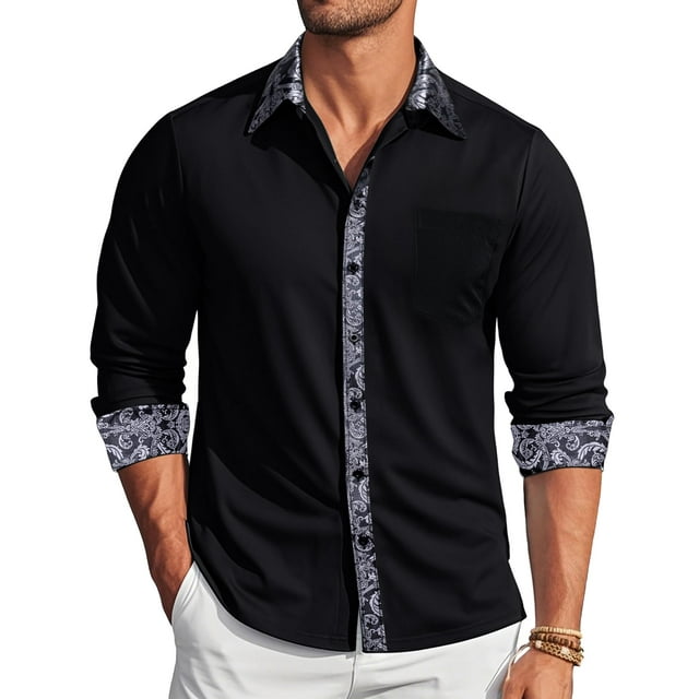 Camisa de vestir Barry.Wang negra para hombre de manga larga de negocios
