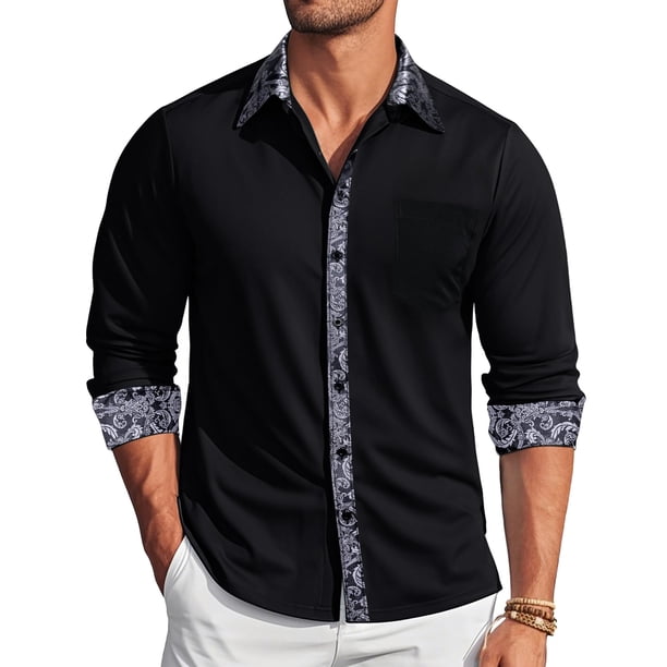 Camisa de vestir Barry.Wang negra para hombre de manga larga de negocios