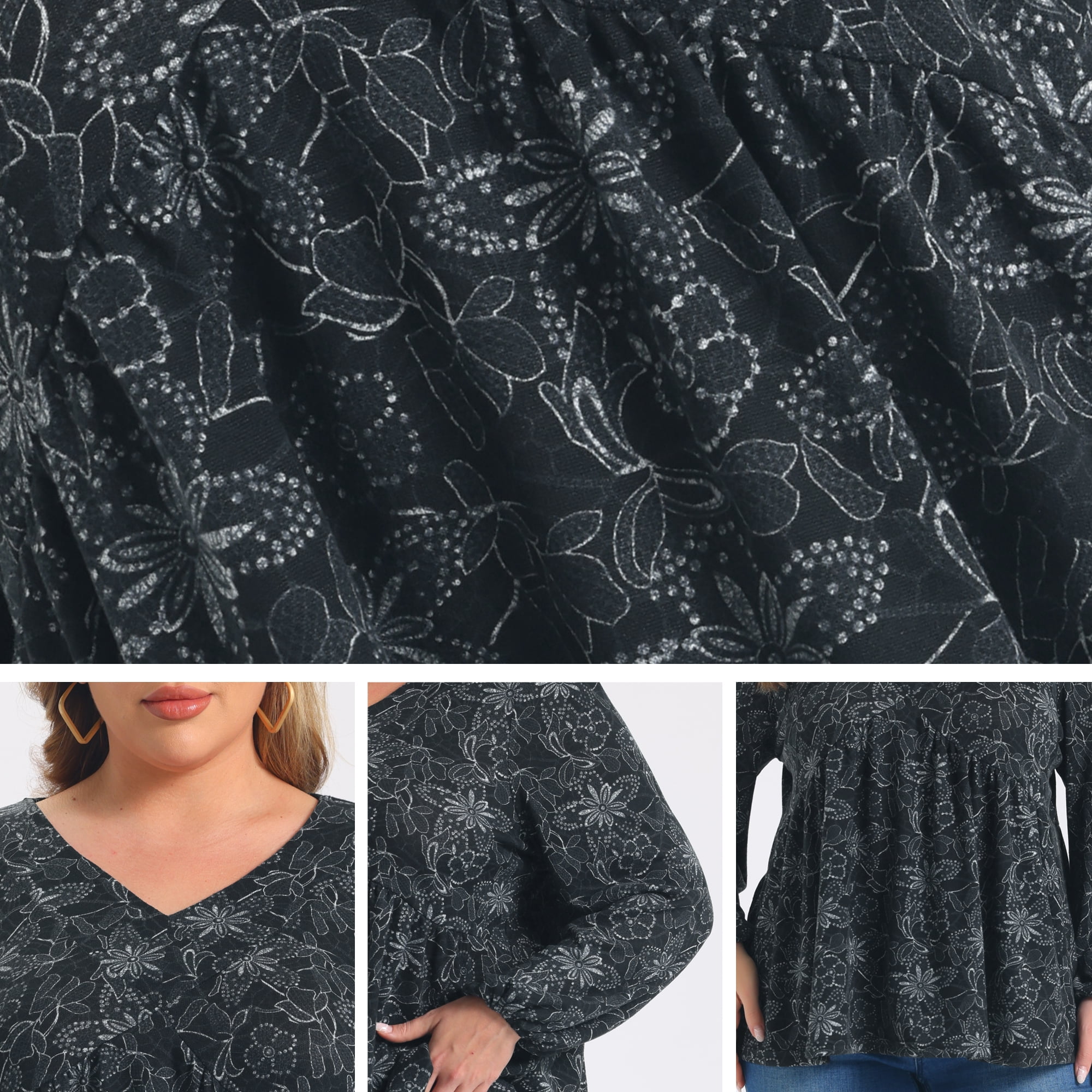 DARING DIVA Women's Plus Babydoll V Neck Lantern Sleeve Blouses 3X Black