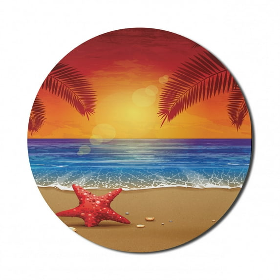Tropical Mouse Pad for Computers, Sunset Cartoon Illustration Beach Summer Starfish Palm Tree Ocean Fantasy Art, Round Non-Slip Thick Rubber Modern Mousepad, 8" Round, Red Yellow Blue, by Ambesonne