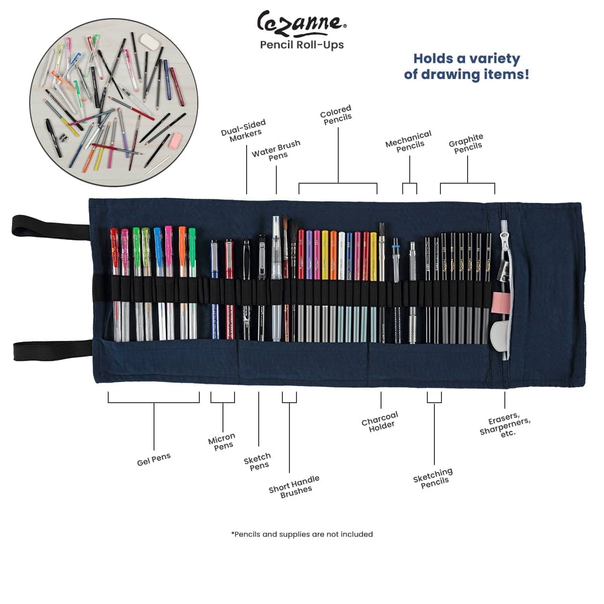 Cezanne Artist Pencil Case - Durable Blue Cotton Canvas Roll-Up Travel Art Case w/ Zipper Art Pouch for Artists, Professionals - Lightweight, Portable Organization- up to 120 Colored Pencils