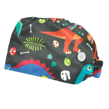 

2PCS Working Cap with Buttons and Sweatband Adjustable Tie Back Hats Bouffant Caps Dinosaur Scrub Turban Hat