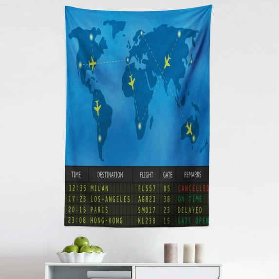 Airport Tapestry, Departure Board Graphic with World Map and Plane Traces Scheme Print, Fabric Wall Hanging Decor for Bedroom Living Room Dorm, 5 Sizes, Azure Blue Multicolor, by Ambesonne