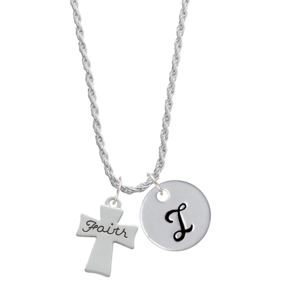 Delight Jewelry Silvertone Faith Flat Cross Silvertone Script Initial Disc - I - Charm Necklace, 20"+3"