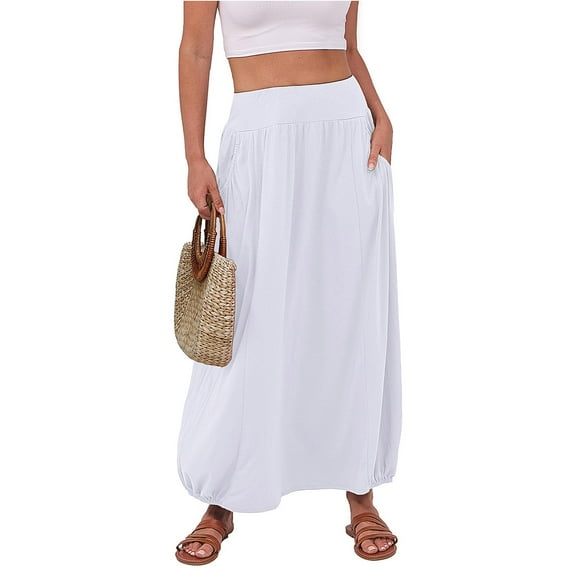 LOVZFMLL Maxi Skirts for Women Drawstring Elastic Waist Long Skirts with Pockets Casual Solid Beach Vacation Clothes White S