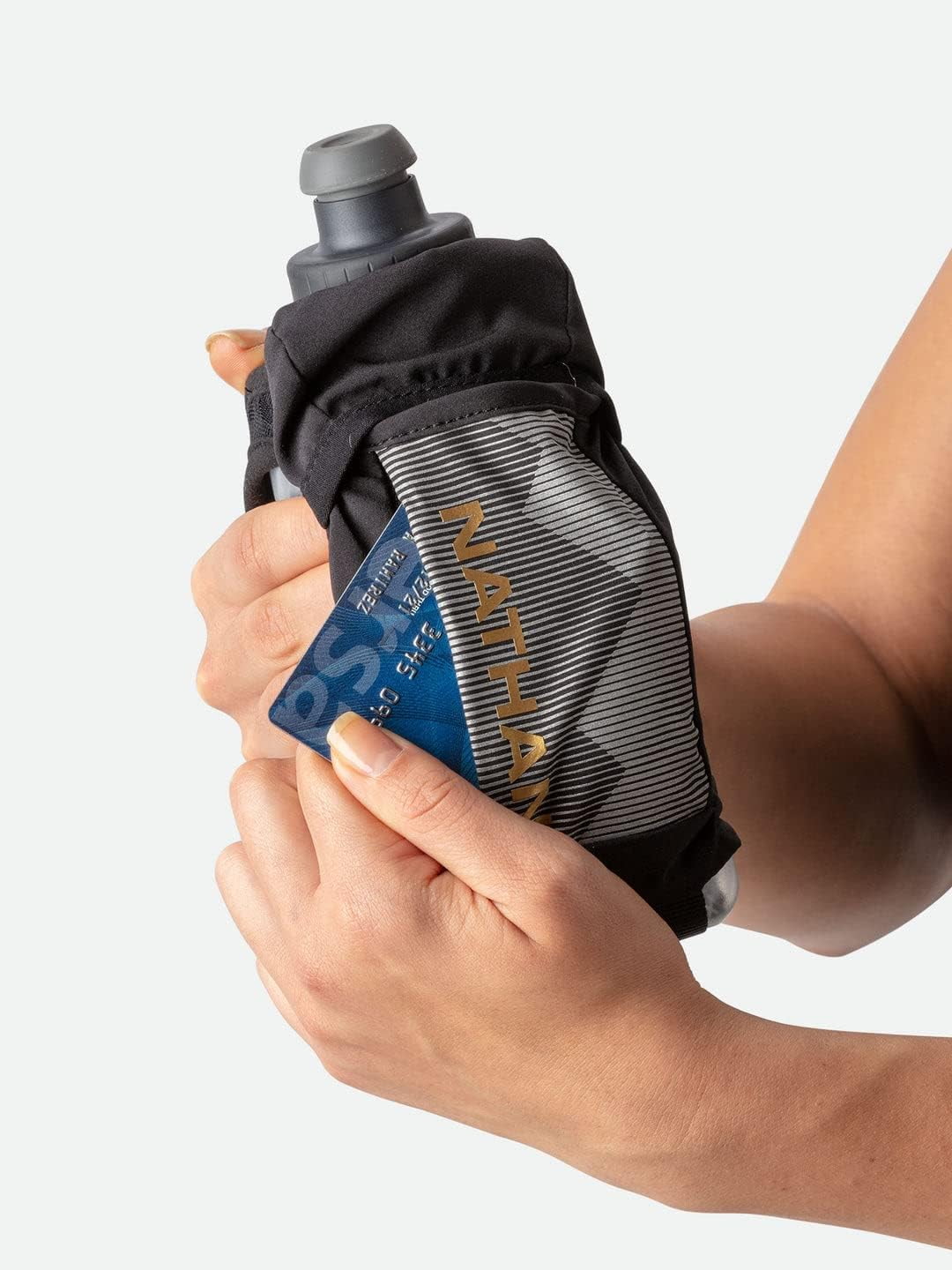 Nathan Running Handheld Quick Squeeze Water Bottle. No-Grip Adjustable Hand Strap. 12oz