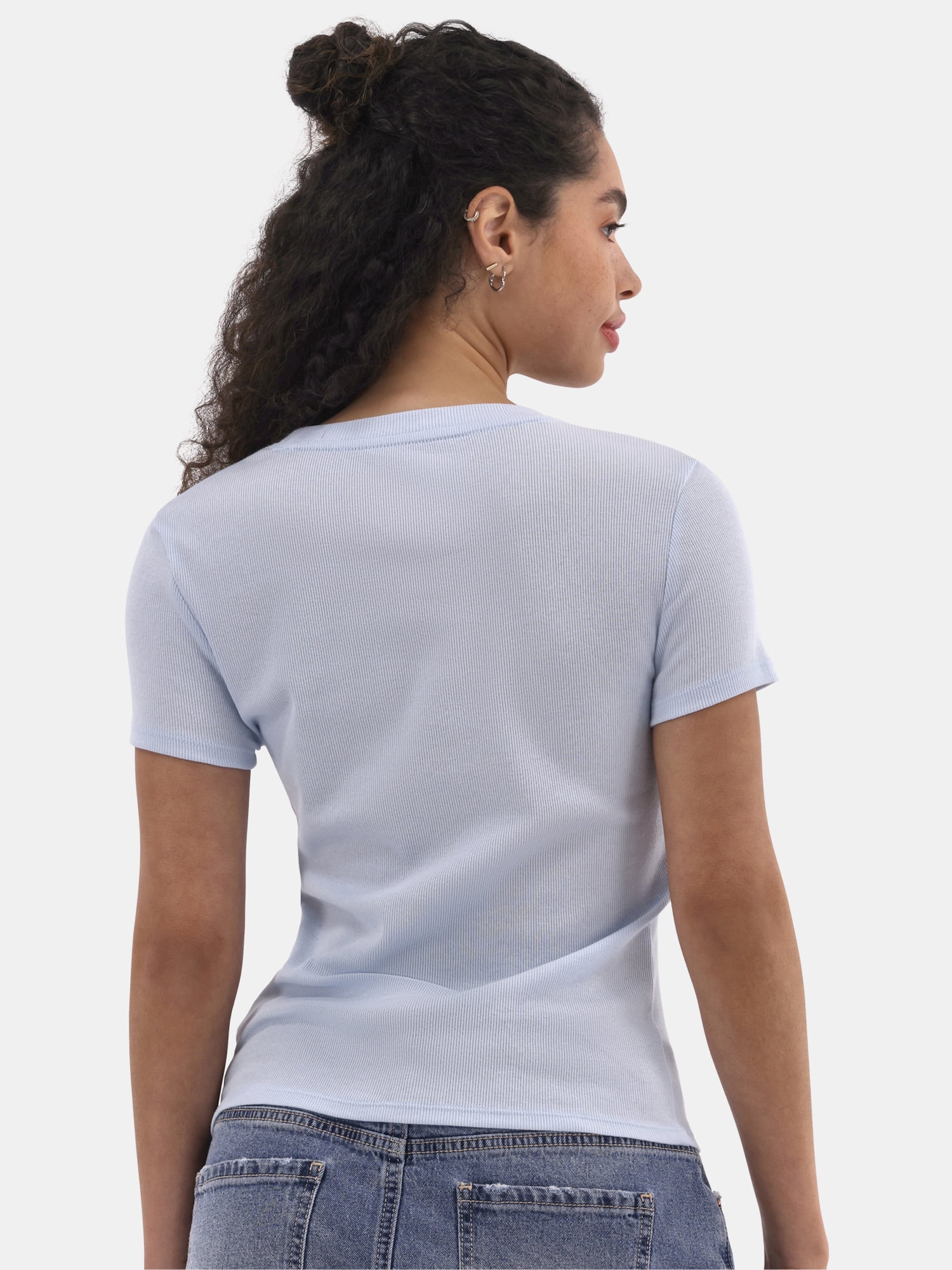 No Boundaries Ribbed Crewneck Tee with Short Sleeves, Women's