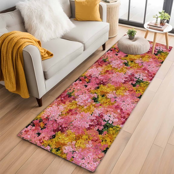 Cherry Blossom 2'x6' Runner Rugs for Hallway Kitchen Bedside Non Slip Washable, Pink Yellow Flowers Oil Painting Art Entryway Rug Runners with Rubber Backing, Long Carpet Runner for Laundry Room