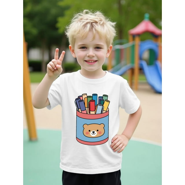 T-Shirt à Manches Courtes Imprimé Crayon Mignon pour Enfants - Coton Doux, Col Rond, Haut d'Été Décontracté pour Garçons, Bleu avec Design "Crayons" Amusant, Parfait pour Jeunes
