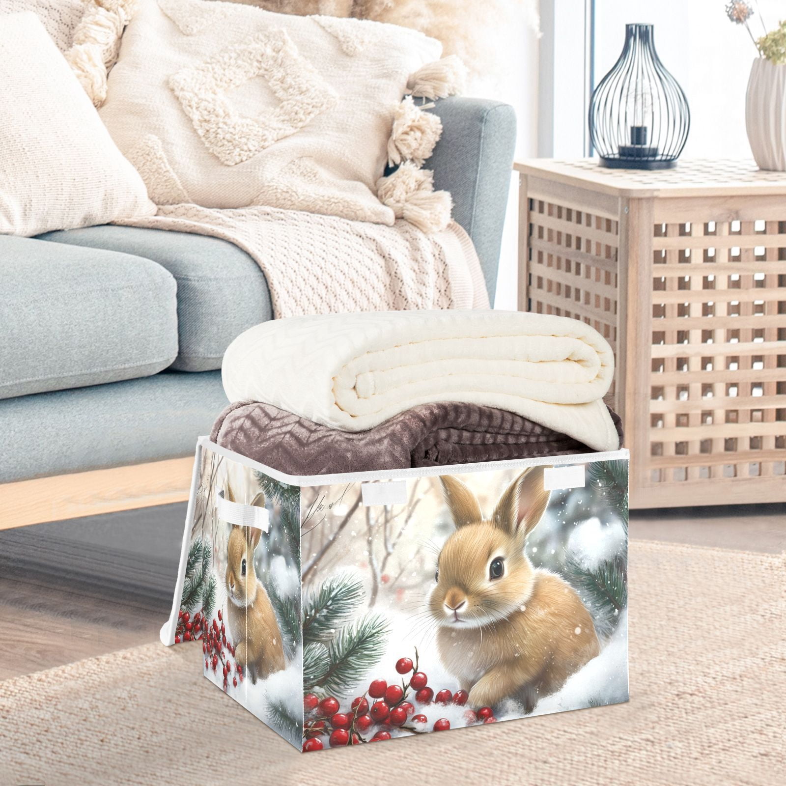 Snow Rabbit Easter Storage Basket for Shelves Foldable Container Organizer for Organizing Toys Clothes Books with Handles