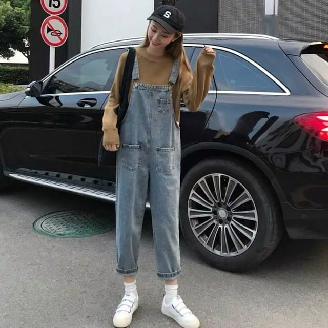 Salopettes Rétro Y2k Bleu Foncé pour Femmes Mode Coréenne Combinaison en Denim Été Ample Taille Haute Rue Pantalon Ample ZR