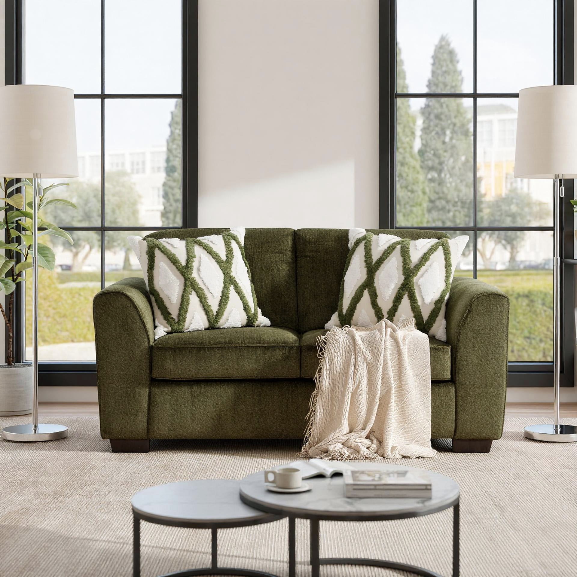 Roundhill Furniture Marvella Living Room Loveseat with Mosswood Chenille Upholstery and Textured Accent Pillows