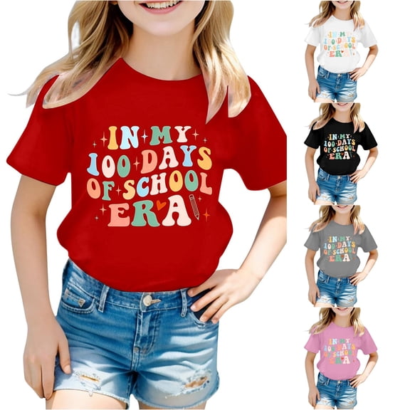 Toddler Girls' Shirts Short Sleeve Top for Back To School Casual Top with Print Round Neck Shirt Size 2-3T , Red