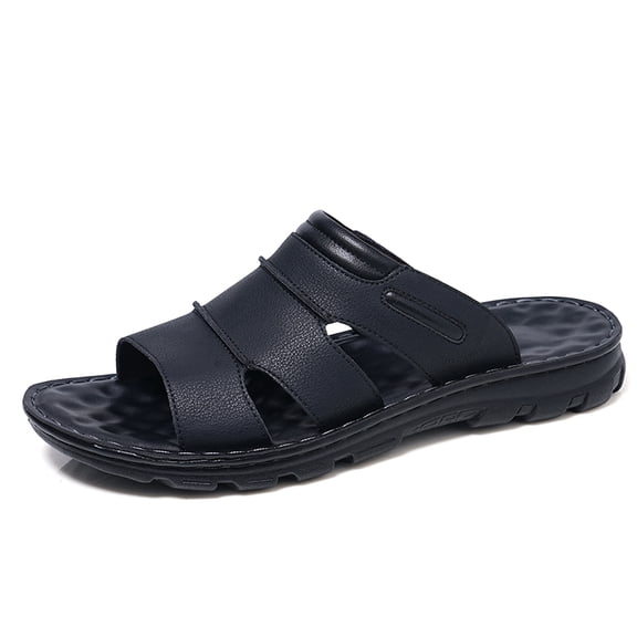 Men's Black Leather Slide Sandals, Casual Thick-Sole Summer Slippers